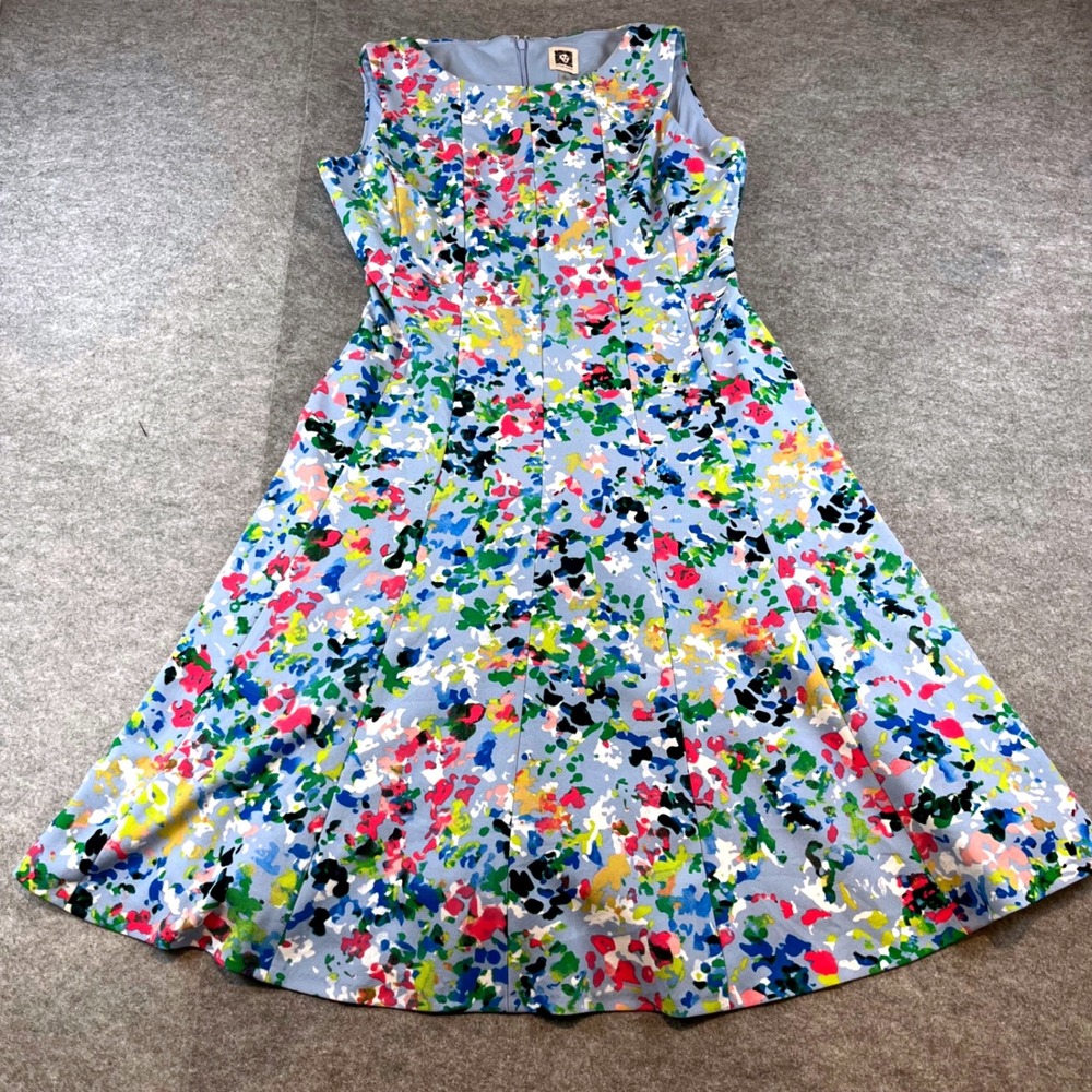 Anne Klein Women Fit & Flare Dress Blue Floral Abstract Pleated Knee Length 2